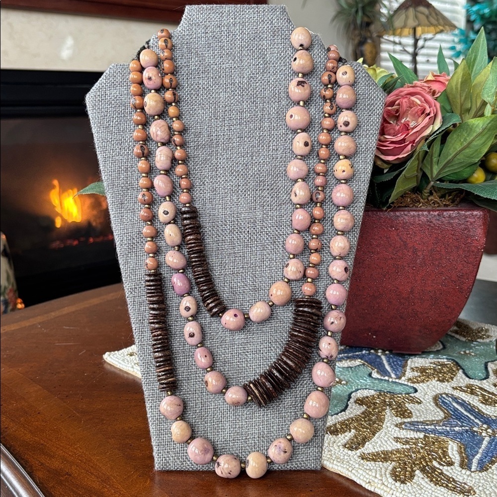 Vintage Pink Tagua Seed Beaded Brown Wood Handmade Long Necklace Crocheted Band